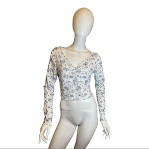 Shein Dainty Floral Lettuce Edge Crop Midriff Long Sleeve Baby Tee Top Large